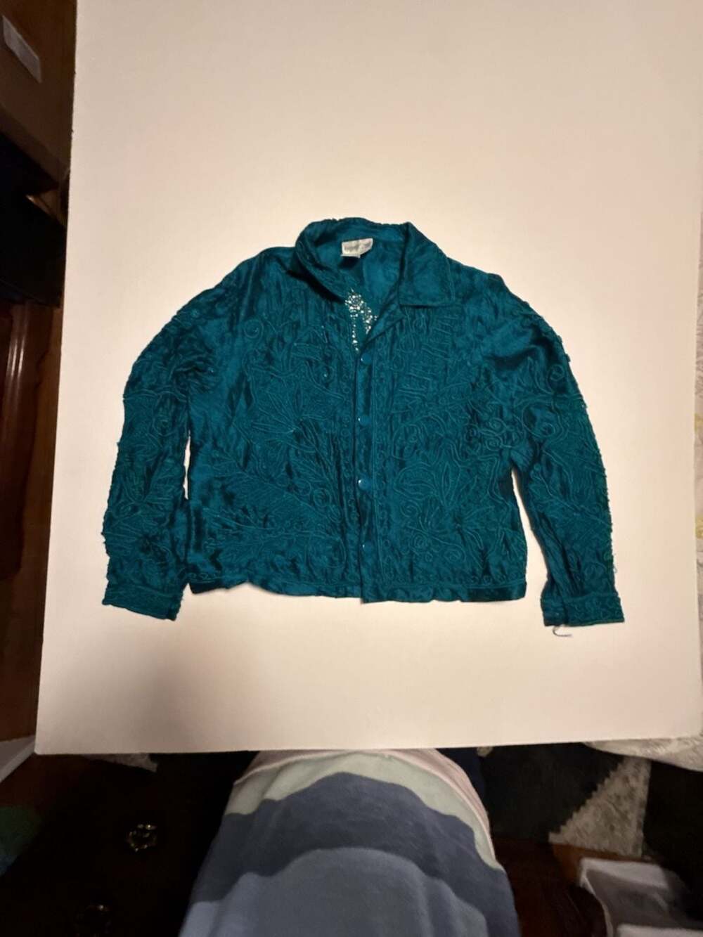 Coldwater Creek Teal Silk Embroidered Button Down Shirt Large